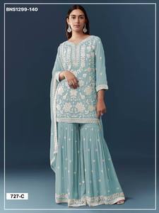 Conjunto de Traje Plazzo Semisentado de Chifón Georgette de Calidad Premium con Bordado de Lentejuelas y Trabajo Manual, Proveedor y Exportador Mundial - Product Image 2