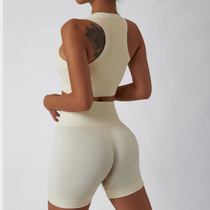 Conjunto de Yoga de Dos Piezas para Mujer, Color Sólido, Cintura Alta, Top Corto Sin Costuras, Pantalones Cortos, Spandex, Poliéster, Ropa Deportiva - Product Image 5
