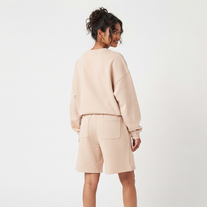 Ensemble deux pièces décontracté pour femme en molleton 100% coton, coupe ample, épaules tombantes, style sport, avec cordon de serrage, taille mi-haute, manches longues - Product Image 2