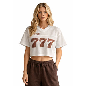 Maillot de football américain oversize blanc en maille pour femme, style streetwear, col en V, manches courtes, crop top respirant – Fournisseur - Product Image 1