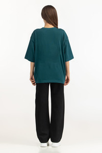 T-shirts amples en coton pour femmes, couleur vert-bleu foncé, col rond rouge, pour impression personnalisée, respirants - Product Image 4