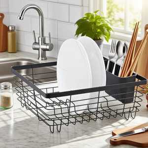 Cesta Escurridora de Platos de Alambre Negro con Soporte para Utensilios, Escurridor de Fregadero de Acero para Cocina, Soporte Minimalista para Almacenamiento de Platos en Encimera - Product Image 1
