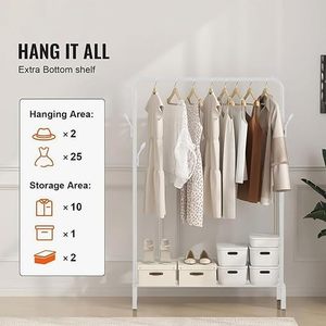 Minimalist Standing Metal Clothing Rack With <b>Shoe</b> Shelf And Basket <b>Storage</b> For <b>Wardrobe</b> Use Height Adjustable Double Tier Design - Product Image 2