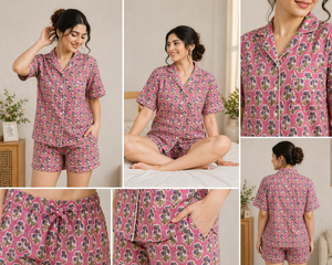 Conjunto de Pijama Corto de Algodón para Mujer con Estampado Floral Rosa Hecho a Mano, Camisa de Manga Corta y Pantalones Cortos, Conjunto Casual de Obra Maestra Hecha a Mano - Product Image 4