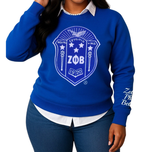 เสื้อสเวตเชิ้ตปักลายตราสัญลักษณ์ Zeta Phi Beta Z Phi B ของชมรมนักศึกษากรีกแบบกำหนดเอง  ขอบสีน้ำเงินเข้ม คอกลม สำหรับใส่ในฤดูหนาว - Product Image 1