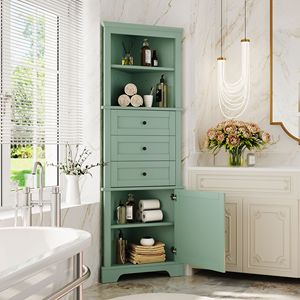 Adjustable <b>Shelves</b> Green Triangle Tall Cabinet with 3 Drawers MDF Board Painted <b>for</b> Bathroom <b>Kitchen</b> Living Room - Product Image 1