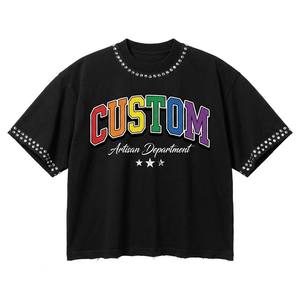 T-shirt noir à manches courtes et col rond pour homme, coupe classique, style streetwear, orné de strass, 100 % coton, collection artisanale personnalisée - Product Image 1