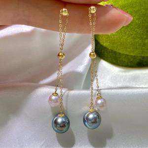 Boucles d'oreilles en perles d'akoya d'eau douce naturelles dorées 6-7 mm, neuves, en or 18 carats, à fort éclat, pendantes fines 11-12 mm, article cadeau parfait - Product Image 1