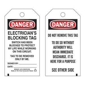 Etiqueta de Bloqueo Flexible Brady DANGER para Electricistas, Plástico Resistente, 5.75 x 3 Pulgadas, Bloqueo Eléctrico - Product Image 1