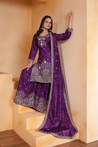 Gorgeous Chinon Silk Pearl Embedded <b>Sequin</b> Top Wide <b>Flared</b> Palazzo Set Stitched Dupatta Girls Three Piece Ethnic Suit - Product Image 4