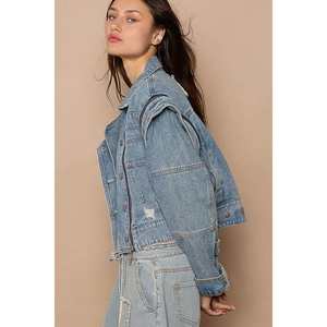 Veste en jean courte pour femme Veloro, bleu poussière, avec fermeture éclair fonctionnelle, manteau chic - Product Image 5