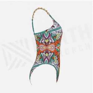 Traje de Baño de Una Pieza para Mujer con Estampado Floral, Cuello Redondo, Spandex, Poliéster Elástico, Ribete en Contraste, Decoración con Pedrería - Product Image 3