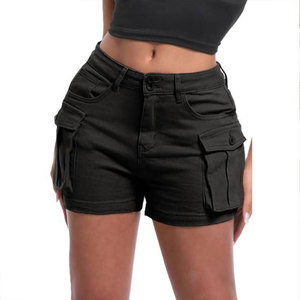 Shorts en jean cargo taille haute noirs pour femme, couleur unie, poches cargo, style décontracté d'été, coupe régulière, 100 % coton - Product Image 4