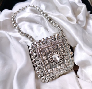 Metallic <b>Silver</b> Handmade Clutch <b>Bag</b> with Geometry Pattern and Lock Closure Luxury Designer Party Clutch - Product Image 1