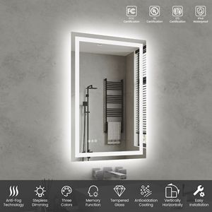 Specchio LED da Bagno 24x36 Pollici, Retroilluminato, 3 Colori, Vetro Temperato, Luminosità Regolabile, Funzione Memoria per Trucco - Product Image 4
