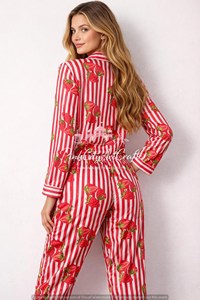 Luxurious Summer Autumn Eco-Friendly Breathable Strawberry Print Cotton Pajama Set for Women Long Sleeve Button Shirt Matching - Product Image 2
