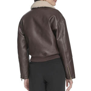 Veste en cuir véritable marron pour homme, doublée en sherpa, col rabattu, poignets zippés, manteau d'hiver vintage - Product Image 2