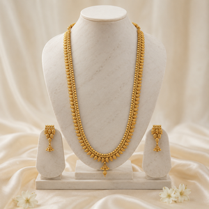 Indian Silver Plated Alloy Zircon Coin Long Necklace Earring Set Ethnic Women's Wedding Jewelry Flower Design Rani Haar - Product Image 1