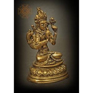 Statue de Chenrezig en laiton de 3 pouces faite à la main (Shadakshari Lokeshvara) petite sculpture pour cadeaux fabriquée en Inde - Product Image 1