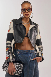 PU Leather Moto <b>Jacket</b> With Embroidery <b>Patchwork</b> Design Turn-down Collar Belt Closure Short Length Unisex Autumn Style - Product Image 2