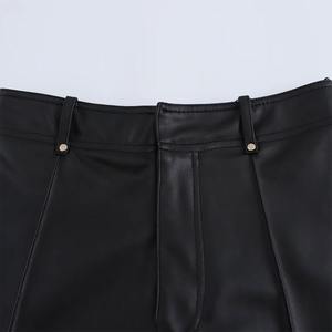 Pantalon large en cuir taille haute pour femme, plissé devant, longueur intégrale, couleur unie, style minimaliste, pour l'automne - Product Image 3