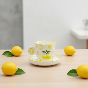 Taza y Platillo de Porcelana Fina de Primera Calidad 3460984B-0.2, con Estampado de Limón Amarillo y Espiral - Product Image 5