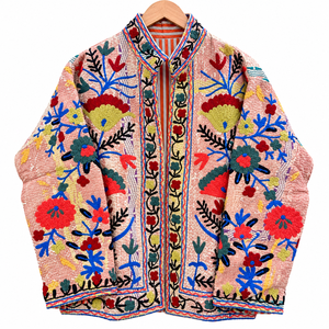Hand <b>Embroidered</b> Suzani Quilted <b>Jackets</b> <b>for</b> <b>Women</b>, Colorful Floral Boho Ethnic Outerwear with Artisan Stitching and Striped - Product Image 1