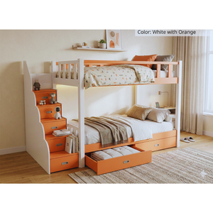 Lit superposé moderne en bois, taille twin, avec escalier de rangement, design orange et blanc pour enfants - Product Image 3