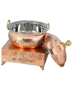 Cacerola Buffet Vintage de Cobre con Revestimiento de Acero Inoxidable, 24 cm, Redonda, Aislada, para Mantener la Comida Caliente, con Tapa y Base - Product Image 1