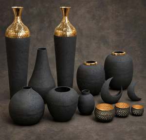 Ensemble de vases à fleurs modernes en métal gris béton et cuivre, finition martelée, vase de sol, décoration de table minimaliste, porte-bougie en forme de croissant de lune - Product Image 5