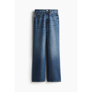 Pantalones vaqueros de mezclilla lavados a la piedra de cintura alta y pierna ancha para hombre, talla grande, ajuste holgado informal, de algodón, con cierre de botón, color azul liso. - Product Image 1