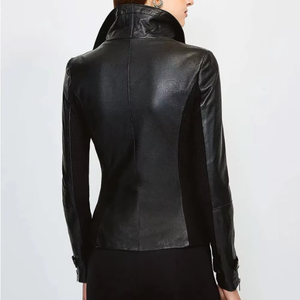 Women PU Leather Asymmetric Motorcycle Jacket Stand Collar Full Sleeve Zipper Closure Solid Color Autumn Wear - Product Image 2