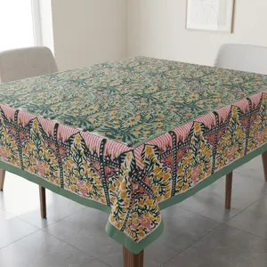 Teal Floral <b>Printed</b> Tablecloth With Pink Border And Traditional <b>Botanical</b> Motifs Hand block Rectangle Cotton Table Cloth Decor - Product Image 6
