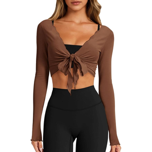 <b>Women</b> <b>Long</b> Sleeve Crop <b>Top</b> Square Neck Solid Color Ruched Activewear Yoga Shirt Regular Fit Full Sleeve Spandex Polyester - Product Image 2