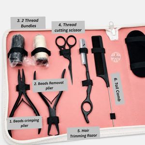 Kit d'outils pour extensions de cheveux Luminex, étui portable rose à l'intérieur et blanc à l'extérieur, avec pinces, aiguilles, ciseaux, pincettes - Product Image 2