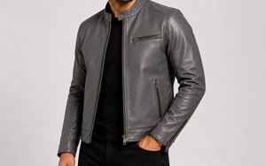Veste moto en cuir véritable gris pour homme, coupe ajustée, col montant, fermeture éclair, style automne - Product Image 2