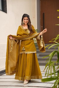 Conjunto de Kurta Tradicional Indio-Pakistaní para Mujer, Color Mostaza, con Dupatta Bordada, Largo hasta el Suelo, de Rayón, Corte Holgado, para Bodas - Product Image 5