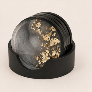 <b>Black</b> and Gold Leaf Epoxy Resin <b>Coaster</b> Set with Holder Custom Round Drink Cup Mat Wholesale for Home Hotel Restaurant Supply - Product Image 4