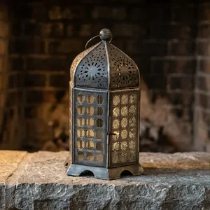 Artisan Design Moroccan Iron and <b>Glass</b> <b>Lantern</b> Candle Holder with Floral Cutouts and Arched Panels for Home Decoration - Product Image 3
