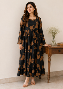 Vestido Western de Mujer con Estampado Floral, Color Marrón, Manga Larga, Escote Corazón, Cinturón con Lazo, Dobladillo con Volantes, Ropa Casual para Fiesta - Product Image 6