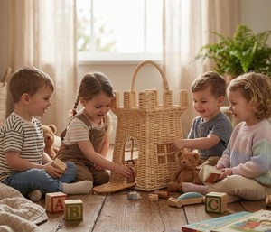 Panier de rangement pour jouets d'enfants en rotin tressé, style maison de poupée, avec poignée et porte cintrée, pour chambre d'enfant, salle de jeux et chambre des enfants - Product Image 5