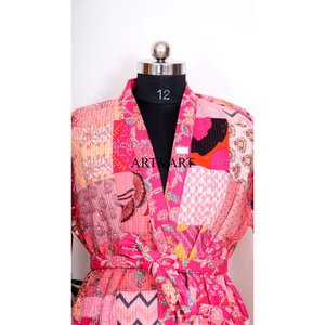 Bikini vintage playero para mujer, con estampado floral rosa colorido, estilo patchwork, para vacaciones, estilo bohemio, suelto, estilo kimono de seda kantha. - Product Image 4
