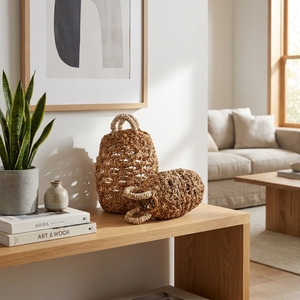 Cesta de Almacenamiento Tejida a Mano con Diseño de Rejilla Abierta, Asa Envuelta en Blanco, Maceta en Forma de Campana, Decoración Artística Pura - Product Image 6