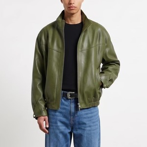 Chaqueta de Cuero Verde Oliva para Hombre, Chaqueta Bomber de Piel de Oveja - Product Image 1