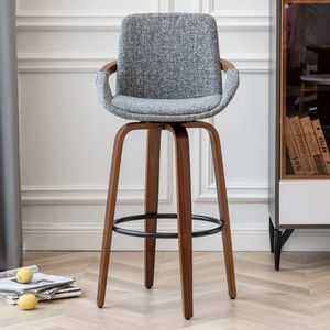Mid Century Modern Bar <b>Stool</b> with Walnut Solid <b>Wood</b> Frame, Grey Linen Upholstered Counter Height Chair for Kitchen Island - Product Image 1