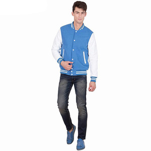 <b>Men's</b> Blue <b>White</b> Varsity <b>Jacket</b> Regular Fit Turn-down Collar Zipper Closure Preppy Style Autumn Wear - Product Image 3