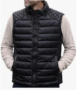 Gilet matelassé en cuir d'agneau véritable pour homme, style délavé, matelassage losanges, fermeture éclair, sans manches, veste d'hiver - Product Image 4