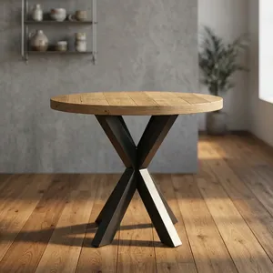 Modern <b>Round</b> Wood <b>Coffee</b> <b>Table</b> With Black Metal X Base Minimalist Living Room Furniture Durable Design - Product Image 6