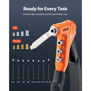 9-Inch One-Handed Rivnut Tool Kit with 8 Mandrels <b>Step</b> <b>Drill</b> Bit 80 Nuts Metric SAE Size M3 M for Installing Rivets - Product Image 2