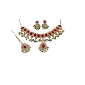 <b>Indian</b> Bridal <b>Jewelry</b> <b>Set</b> Mehandi Plated Necklace Earrings Maang Tikka Red Green Doublet Stone Ethnic Wedding Party Wear - Product Image 1
